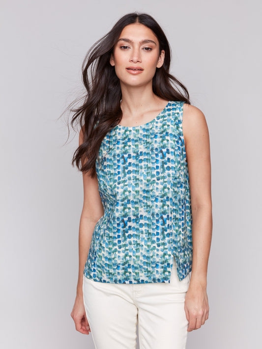 Printed Sleeveless Linen Blend Top with Slit - Lilypad