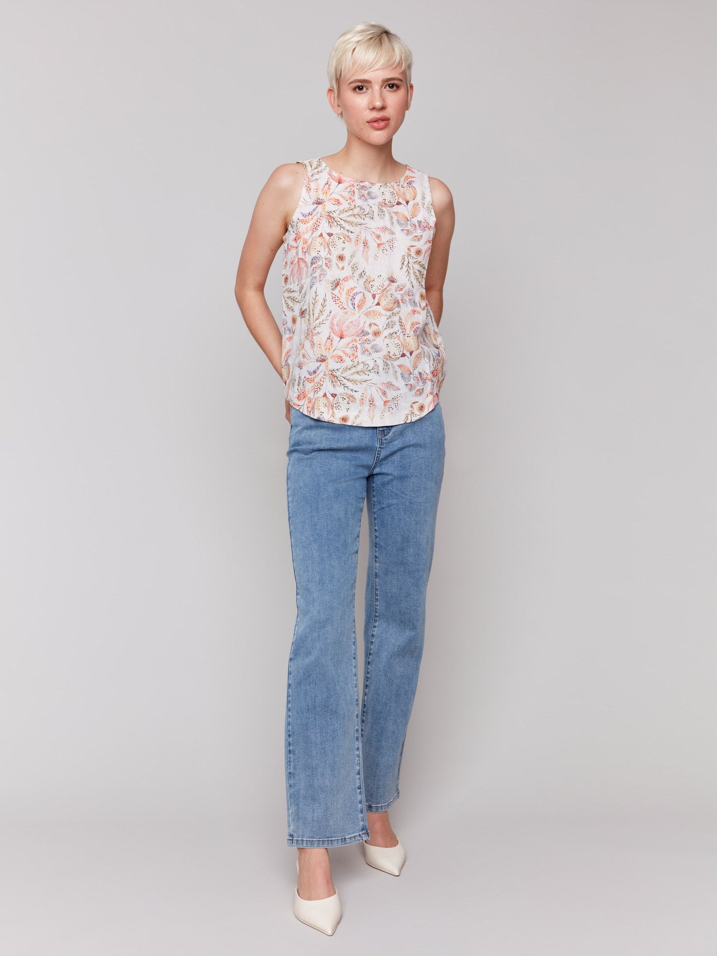 Printed Sleeveless Top with Rounded Hem - Tropical