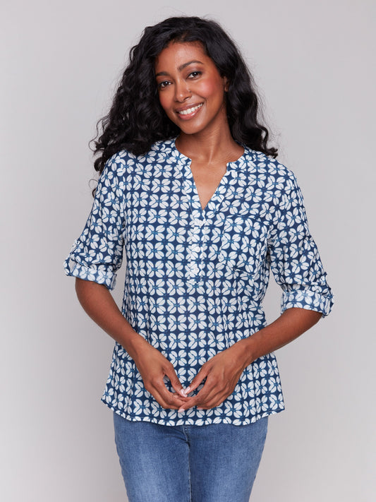 Printed Viscose Half-Button Blouse - Waterflower