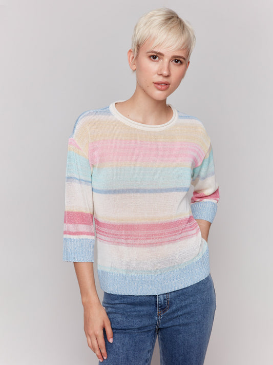 Striped 3/4 Sleeve Sweater - Pastel