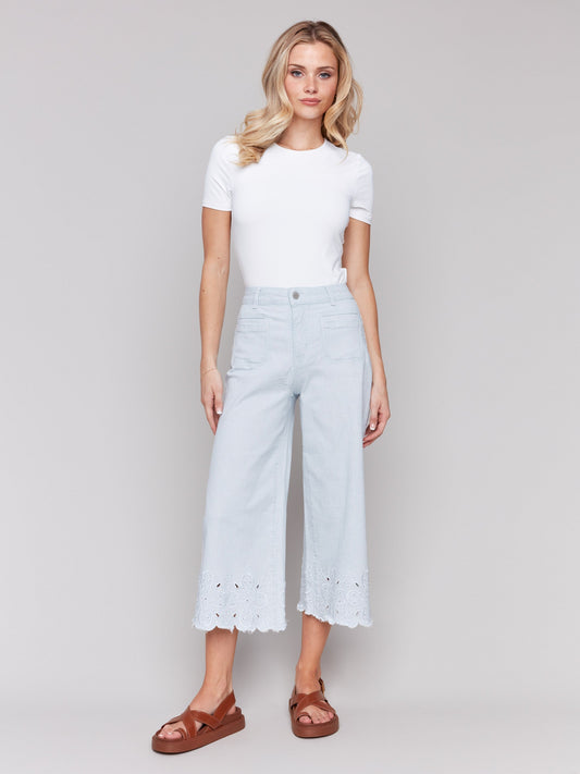 Wide-Leg Cropped Jeans with Scallop Embroidered Hem - Stripes
